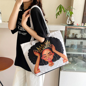Bolsa de Almacenamiento de Lona Clásica y Versátil para Mujer, Bolsa de Gran Capacidad con Estampado de Chica Negra Trenzada, Estilo Moderno para Dama - Product Image 2