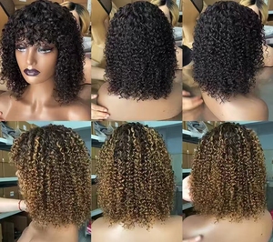 Parrucca Riccia <span class=keywords><strong>con</strong></span> <span class=keywords><strong>Frangia</strong></span> a Prezzo Conveniente, Realizzata a Macchina, <span class=keywords><strong>Capelli</strong></span> Umani Afro Kinky Senza Colla per Donne - Product Image 4
