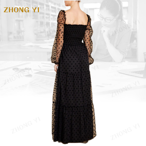 Ropa de fábrica al por mayor de las mujeres de gasa de malla encantador negro de lunares de impresión de <span class=keywords><strong>manga</strong></span> larga elegante Casual Maxi vestidos - Product Image 5