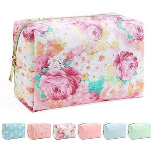 Sac de toilette pour filles à grande capacité, imprimé de fleurs mignonnes, sac cosmétique en cuir PU pour femmes, pochette - Product Image 6