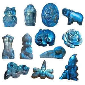 גילוף חיות בודהה, צב, פרח ורד, פרפר, לברדוריט עם נצנוץ כחול חזק, אבן חן קריסטל טבעית - Product Image 1