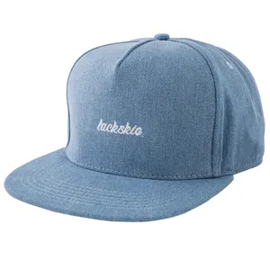 Özel Denim Snapback şapka ile dokuma yama logosu, kot düz fatura beyzbol şapkası