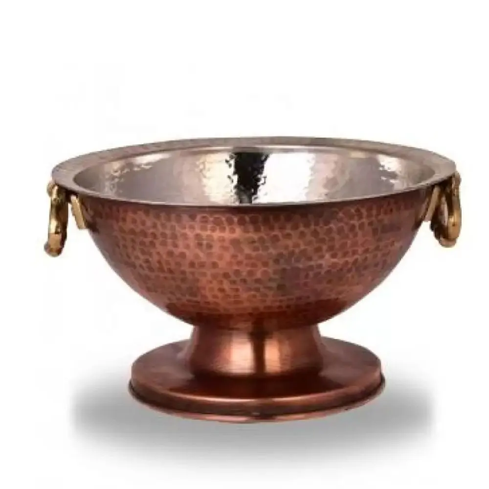 Tigela de cobre martelado à mão para cerimônias, tigela de copos com cor de óxido e alça de latão, 27 cm, 2500 ml, aparência antiga