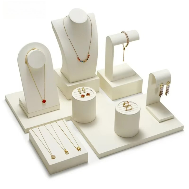 Beige Jewelry Display Set Luxury Window Display Stand Holder for Necklace Ring Earring Counter Showcase Tray Decor