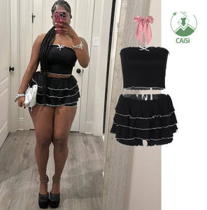 Set Rok 2 Potong Wanita Pakaian Musim Panas 2024 Busana Fashion Atasan Tube Berpita dan Rok Mini Ruffle Set Rok Dua Potong - Product Image 1
