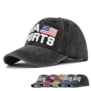 Vente en gros de chapeau de papa en coton lavé avec logo brodé 3D du drapeau américain Casquettes de baseball ajustables pour sports de plein air vintage en détresse