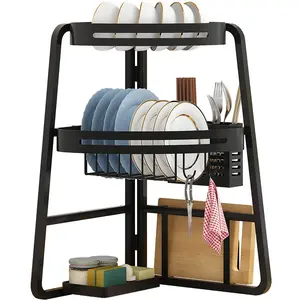 DS2094 2 Tier Collapsible Dish Rack Folding Dishes Drainer Kitchen Sink Rack Over The Sink Dish Drying Rack for Kitchen Counter