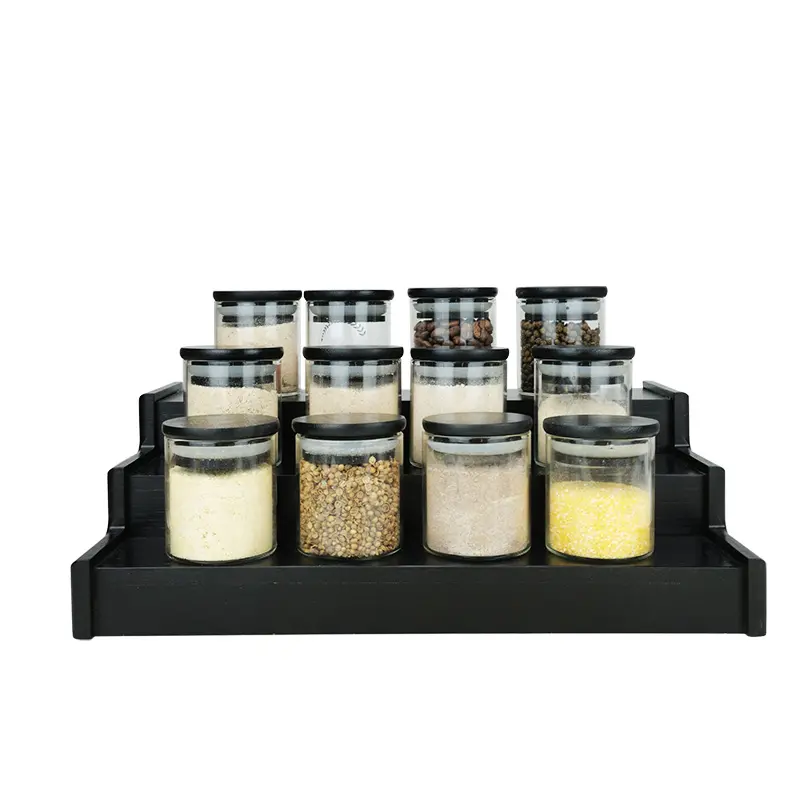 Lai — pot à épices en verre et couvercle noir, pot de 200ml, accessoires de cuisine, pour conserver les aliments en verre, avec support noir, pack de 12