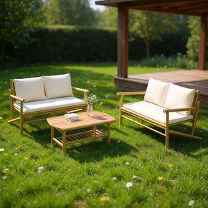 Ensemble de salon de jardin en bambou 4 places, mobilier d'extérieur résistant aux intempéries, style tropical, structure en bois massif, coussins blanc crème - Product Image 2
