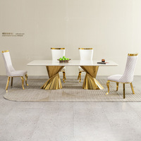 Ensemble de table à manger carrée contemporaine en marbre avec base en acier inoxydable doré, 6 chaises rembourrées pour appartement et hôtel