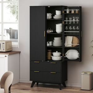 Armoire de rangement haute noire moderne à 10 portes, étagères réglables, 2 tiroirs, meubles de rangement pour cuisine et salon - Product Image 2