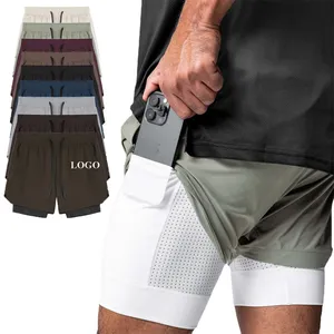 Verano transpirable 2 en 1Running Men's Sports High Waist Gym Shorts con bolsillos