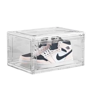 Benutzer definierte magnetische stapelbare Kunststoff Home Square transparente klare Acryl Pet Sneakers Schuh behälter Aufbewahrung sbox