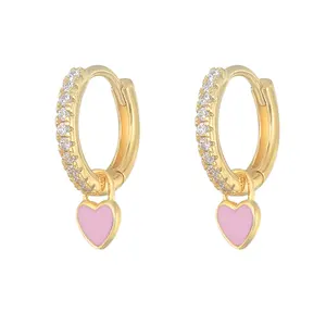 New Popular Brass Gold Plated Enamel Crystal Heart Pendant Huggie Hoop Earrings And Jewelry For Women