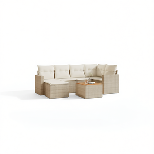 Conjunto de Sofás Modulares de Jardín de Mimbre Sintético Beige, 7 Piezas, Muebles de Exterior de Diseño Contemporáneo - Product Image 1
