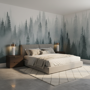 Carta da Parati Impermeabile Verde Scuro con Alberi Botanici Moderni, Decorazione Murale Personalizzabile per Camera da Letto, Paesaggio di Foresta Nebbiosa - Product Image 1
