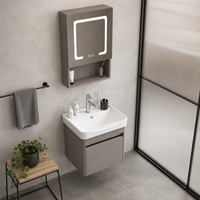 Zeitgenössischer Schwebender Edelstahl-Badezimmerschrank Poliertes Keramikwaschbecken Soft-Close-Schublade 3-Farben Hintergrundbeleuchteter LED Smart-Spiegel