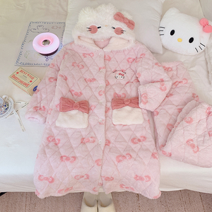 Ensembles de vêtements de nuit, pyjamas d'hiver, robe en coton à trois couches, robe de chambre à motif de dessin animé, poche Kt, pyjama mignon pour filles - Product Image 4