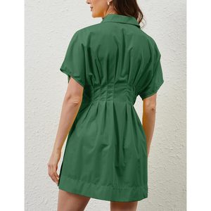 Robe chemise plissée boutonnée pour femme, manches courtes, décontractée, mini, vert foncé, été - Product Image 5