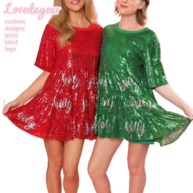 Loveda Custom Christmas Sequin Besties Dress O Neck Half Sleeve Glitter Dress With Holly Jolly Letter