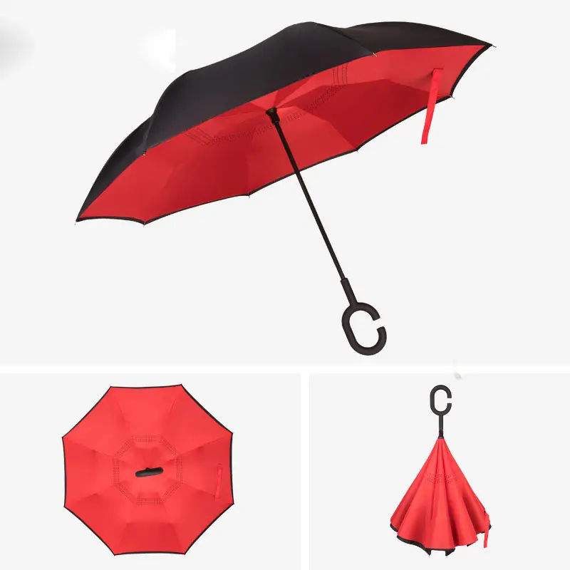 Payung lipat terbalik dua lapis, payung Anti hujan tahan angin portabel pegangan C wanita