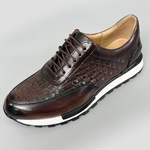 Chaussures de marche pour hommes en cuir de vache véritable, bout rond, à lacets, respirantes, motif géométrique uni, semelle extérieure en caoutchouc - Product Image 2