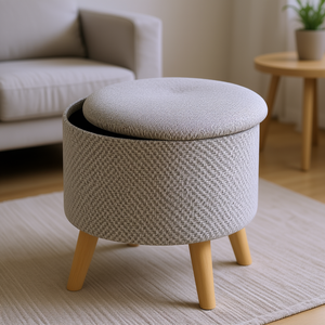 Taburete Otomano Redondo de Lino Gris Claro con Almacenamiento, Asiento Acolchado, Patas de Madera, Muebles Modernos de Estilo Escandinavo para Sala de Estar - Product Image 2