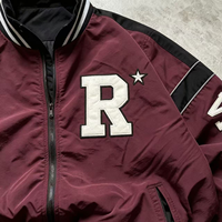 Veste de baseball personnalisée OUNA pour homme, bordeaux et noir, avec imprimé sur les manches, patch étoile, streetwear, coupe oversize, fermeture éclair