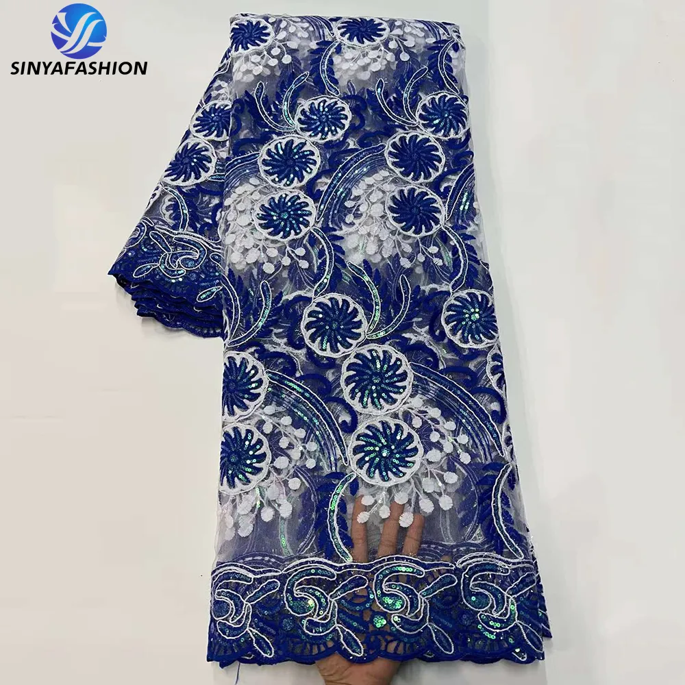 Sinya 2023 उच्च गुणवत्ता अफ्रीकी फ्रेंच शुद्ध फीता कपड़े अनुक्रम के लिए 5 गज की दूरी पर शाही नीले रंग की कढ़ाई सेक्विन फीता पोशाक सिलाई