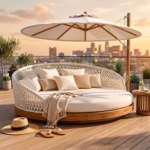 Chaise longue moderne en rotin et bois massif avec base en teck, coussins imperméables, parasol, sans accoudoirs, style côtier, pour bord de piscine - Product Image 3