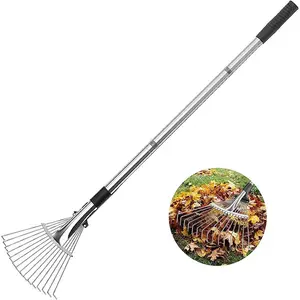 可扩展不锈钢花园耙花园手工工具叶耙，带轻质金属管花园耙头