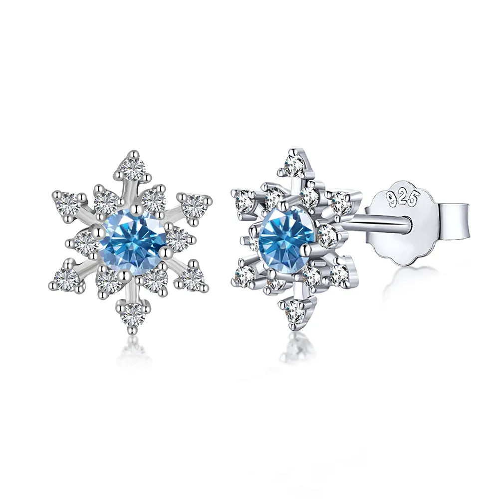 Dylam Großhandel Hypo allergen 925 Sterling Silber Gefrorene Winter Schneeflocke Ohrringe Geschmückt mit Aqua Zirkonia für Frauen