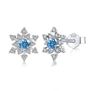 Dylam Wholesale Hypoallergenic 925 Sterling Silver Frozen Winter Snowflake Earrings Adorned with Aqua Cubic Zirconia for Women