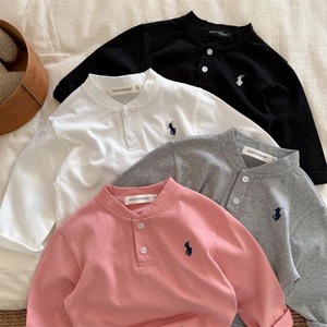MIMIYANBABY Children's Polo Shirt Long Sleeve Solid Color Round Neck Baby Boys Girls Spring 2025 Knitted Top - Product Image 1