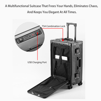 Valise à roulettes en aluminium à ouverture frontale avec serrure TSA et port de charge USB, idéale pour les voyages d'affaires ou décontractés