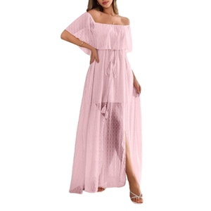 Robes maxi élégantes pour femmes, à épaules dénudées, avec cordon de serrage à la taille, manches courtes, tendance - Product Image 5