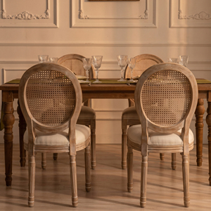 [Stock en EE. UU.] Silla de Comedor Francesa de Madera Maciza con Respaldo de Ratán y Asiento Tapizado en Lino para Restaurante y Hogar de Estilo Vintage - Product Image 2