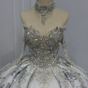 XS296 Modern Sparkly Sweetheart Sequined Beaded Chapel Train Long Lace Flowers <b>Crystal</b> Wedding Dress - Product Image 6