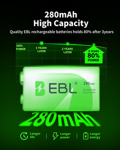 EBL Paquete de 4 Baterías de NiMH de 9 Voltios 280mAh 6F22, Batería Recargable de NiMH de 9V para Micrófono - Product Image 6