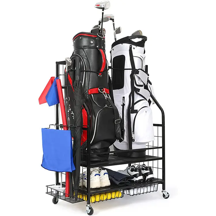 Jh-Mech Golftas Staan Stevig Stabiel Rek Constructie Garage Organizer Drie-Tier Met Wielen Metalen Golftas Opbergrek