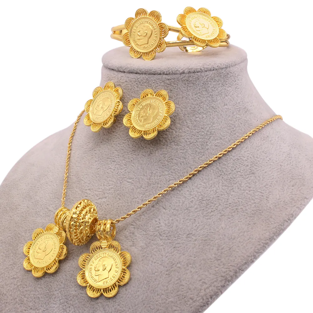 Etiope 24K placcato oro dei monili di Grande Moneta Del Pendente Anello Dell'orecchino Della Collana Dubai regali per le donne di cerimonia nuziale Africana da sposa set