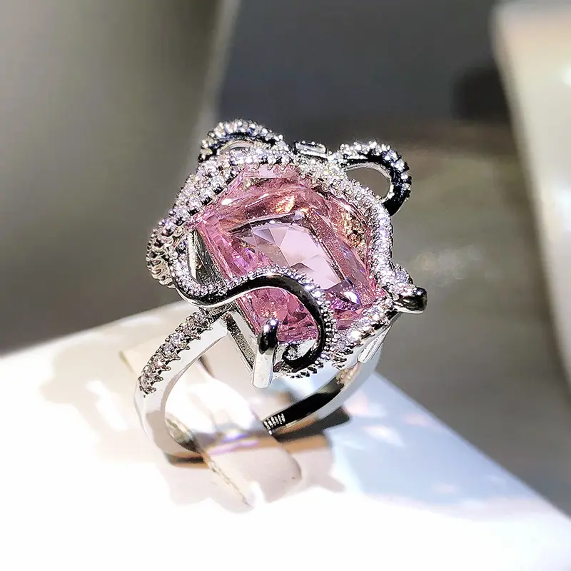 Luxury Geometric Square Shape Design Pink Cubic Zircon Gemstone Irregular Engagement Adjustable Opening Rings For Women Gifts