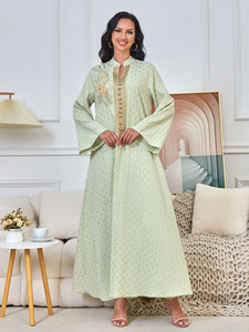 Nueva Djellaba Musulmana de Verano para <span class=keywords><strong>Mujer</strong></span>, Vestido Bordado con Cuentas Doradas, Manga Larga, Elegante y Modesto, de Poliéster, Estilo Dubái - Product Image 3