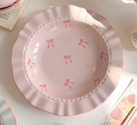 Service de vaisselle en porcelaine rose motif cœur et nœud papillon, mignon et kawaii, émaillé sous glaçure, assiettes et bols portables pour la maison et la restauration
