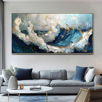 Surdimensionné Salon Peint À La Main Bleu Blanc Texturé Océan Vague 3D Mur Art Décor Paysage Marin Peintures