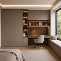 Bibliothèque de bureau à domicile personnalisée avec bureau intégré, étagères ouvertes et rangement par tiroirs