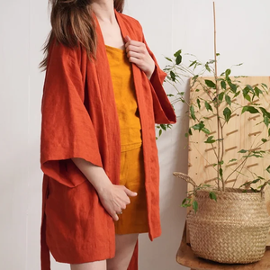 <span class=keywords><strong>Kimono</strong></span> di lino corto da <span class=keywords><strong>donna</strong></span> personalizzato abito da salotto in lino morbido abito da bagno corto in lino lavato - Product Image 6