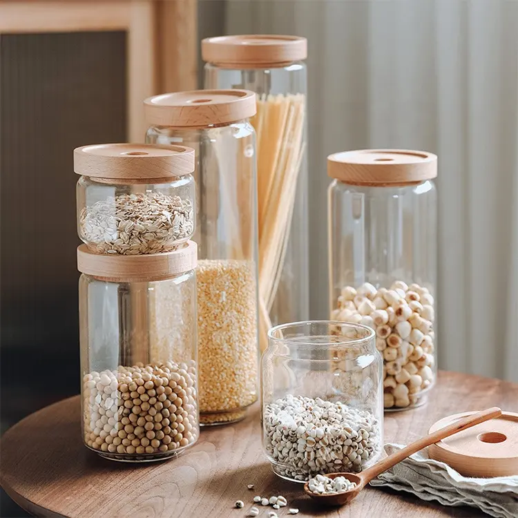 Elegant Food Safe Kitchen Glass Pasta Cookies Spice Storage Jar Container Set with Stackable Beech Wooden Airtight Lid