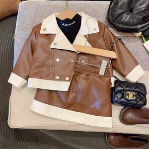 2024 printemps automne mode enfants filles ensemble à manches longues Patchwork PU <span class=keywords><strong>cuir</strong></span> veste <span class=keywords><strong>jupe</strong></span> 2 pièces enfants Boutique vêtements - Product Image 2