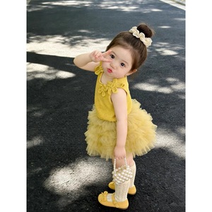 Baby Girl Knitted Bow Camisole <b>Mesh</b> Tutu <b>Two</b>-<b>Piece</b> <b>Set</b> Breathable Summer Outfit - Product Image 2
